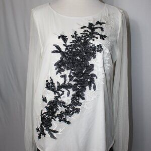 White House Black Market Floral Appliqued Sheer Top Women's L